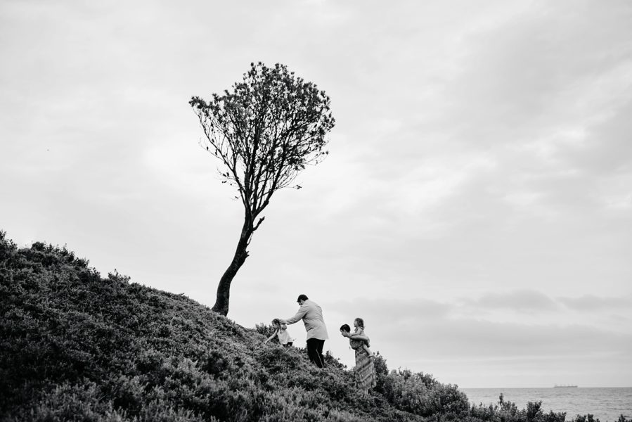 A graphical black and white image taken during a family photoshoot in Brighton, the family are walking up a hill towards a lone tree holding hands