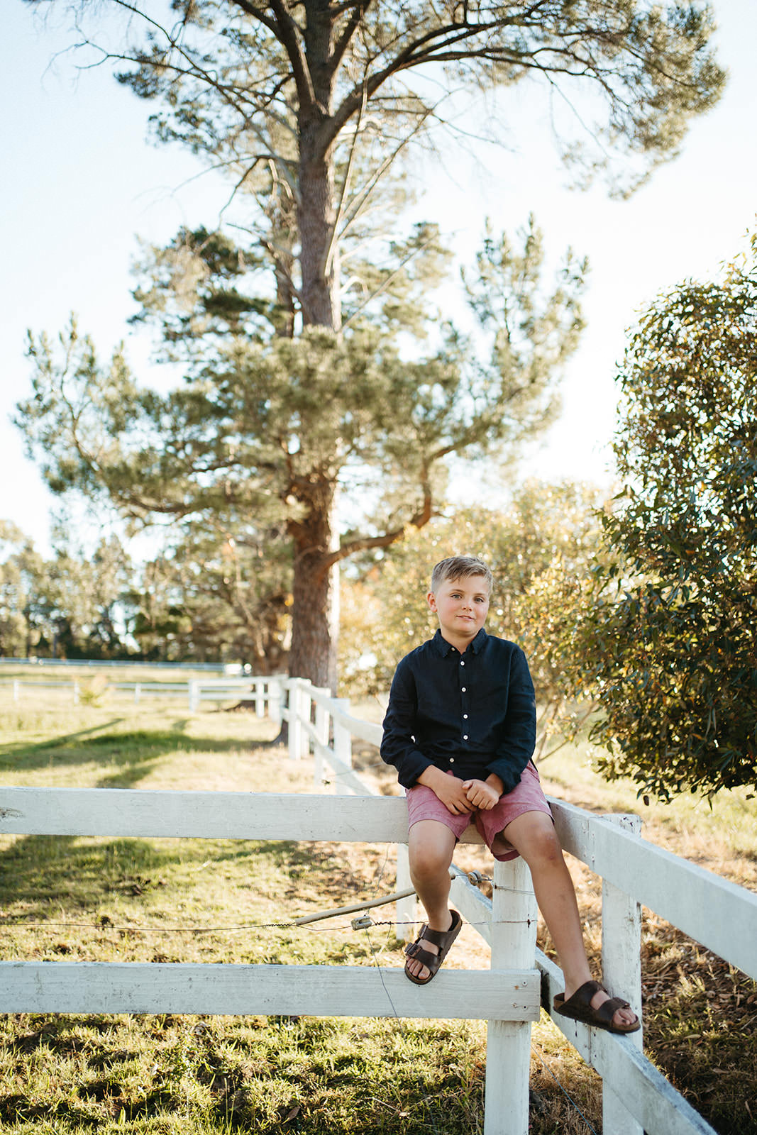 an upper primary aged boy sits on a fence outdoors