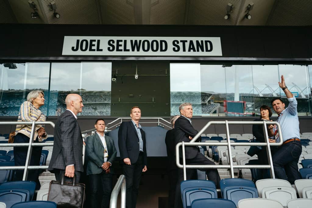 A corporate group tour the Joel Selwood Stand in Geelong