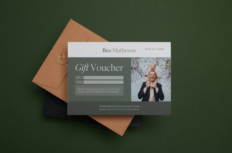 mockup of a photography voucher with a brown envelope on a green background
