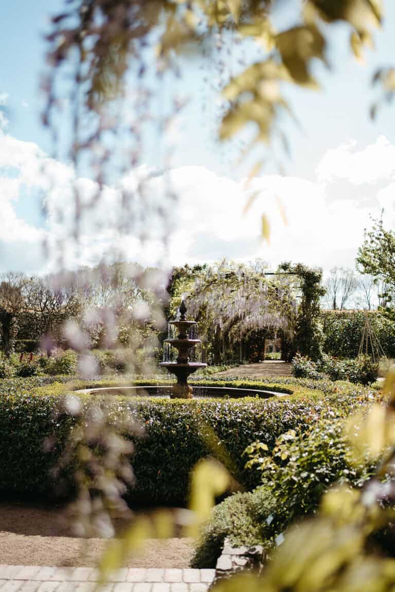 alowyn gardens in the yarra valley - a fountain with wisteria in foreground