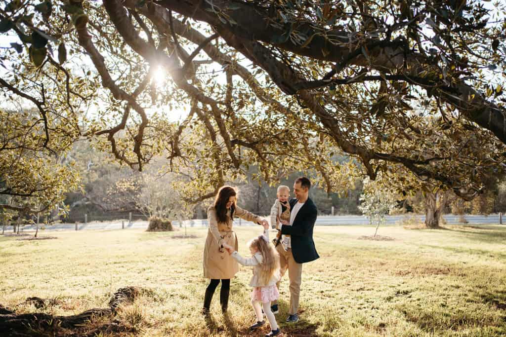 a family play in the golden light under a tree at a gifted family photography session